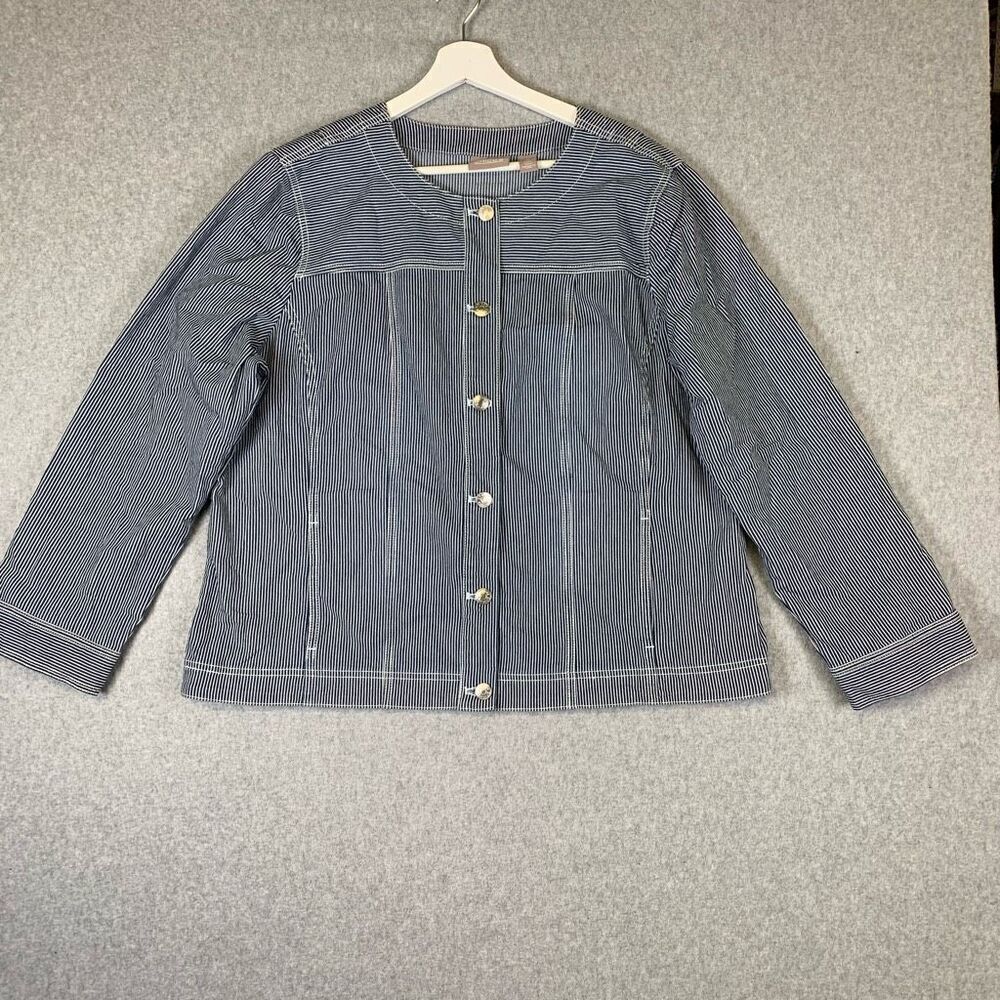 Chicos Women’s Size 3 Striped Cotton High Neck Button Up Jacket Blue White